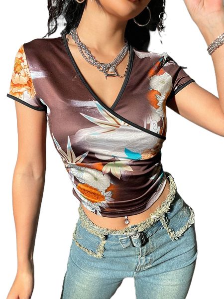 

floral print v-neck crop tee i9iz#, White