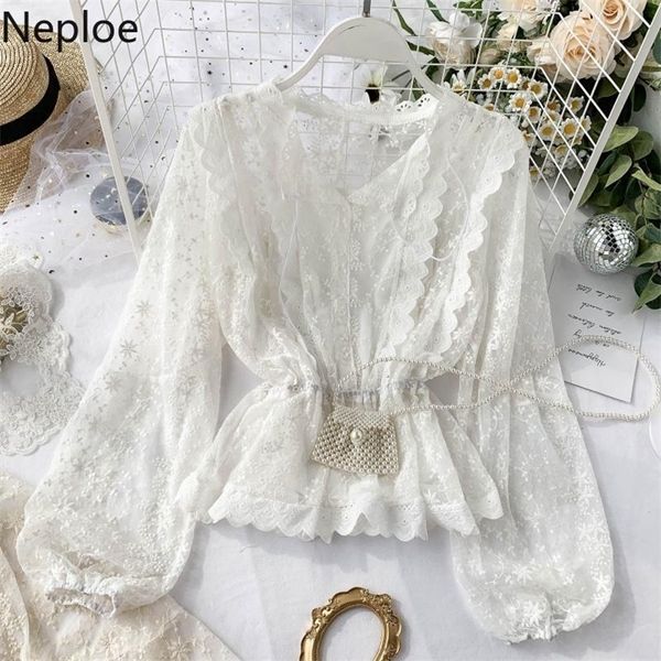 

neploe elegant ruffles lace blouse autumn spring holiday v neck puff sleeve blusas slim waist lace up retro flower shirt 47252 201201, White
