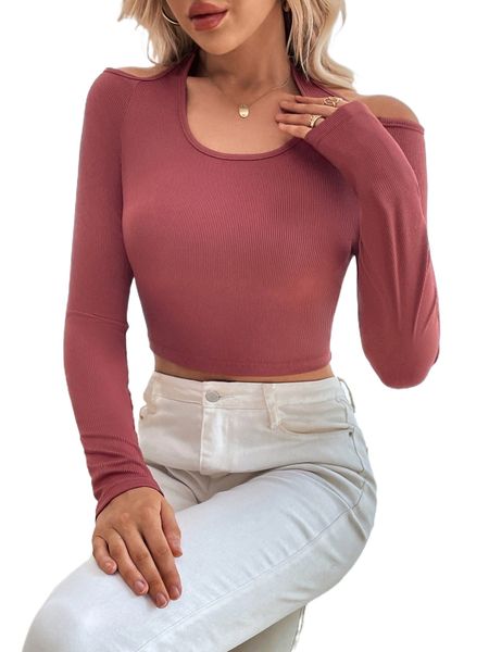 

ribbed knit cold shoulder tee l8kk#, White