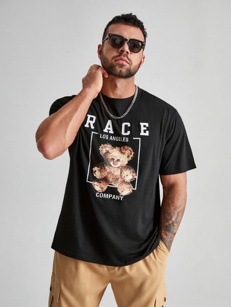 

extended sizes men cartoon bear & letter graphic tee c029#, White;black