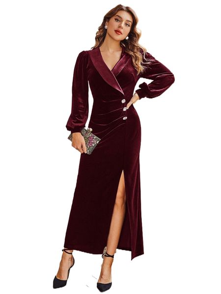 

shawl collar split thigh ruched velvet dress x4lg#, Black;gray