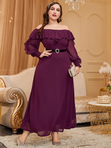 

plus off shoulder ruffle trim shirred lantern sleeve belted dress k3wj#, Black