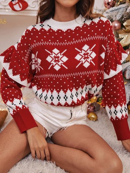 

simplee christmas pattern ruffle trim drop shoulder sweater w954#, White;black