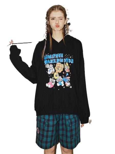 

letter & cartoon graphic hoodie k0ae#, Black
