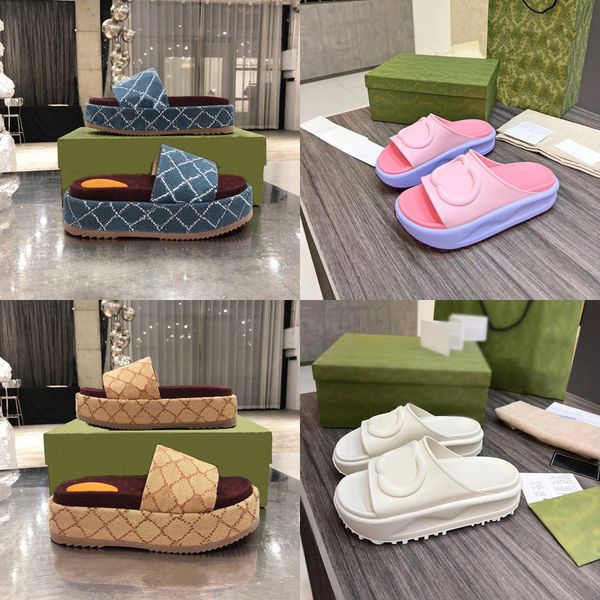 

2022 womens fashion embroidered canvas designer slides slip on slippers girls 60mm canvas covered platform sandals slipper with box and dust, Black