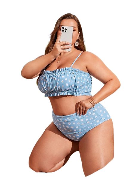 

plus floral frill trim ruched bikini swimsuit u9dc#, White;black