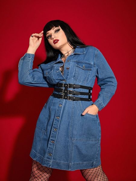 

plus button front denim shirt dress without belt a0vc#, Black