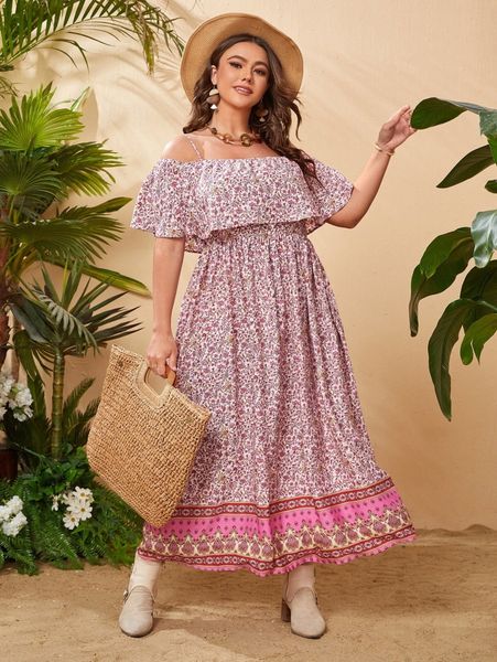 

plus cold shoulder foldover front floral print dress j8xb#, Black
