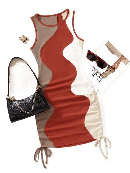

drawstring side color block bodycon tank dress y5fp#, Black;gray