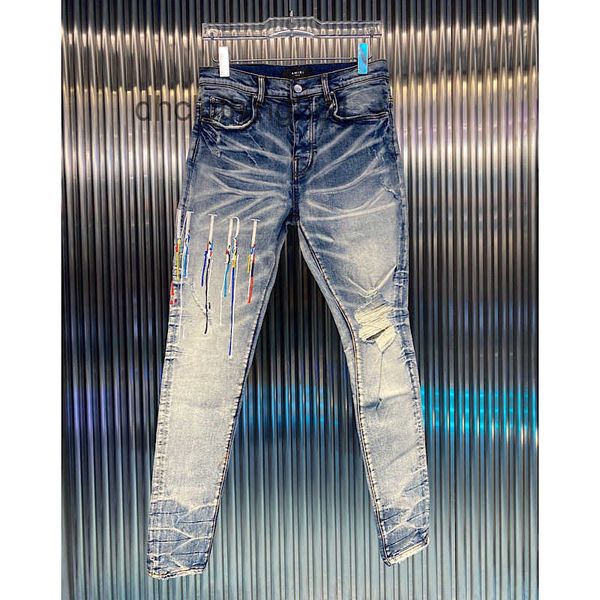 

european and american jeans designer amirss men jean 2022 new high street washed blue letters embroidered holes slim little leg je