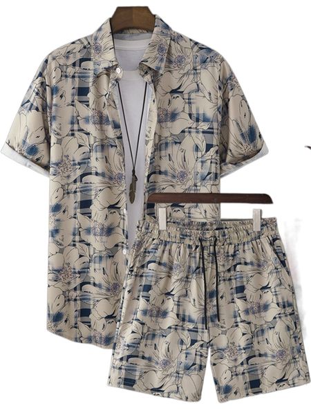 

men random floral & plaid print shirt & shorts without tee 62i3#, Gray
