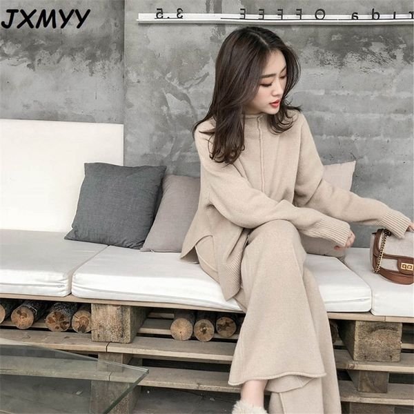 

the drape knitting wide-legged pants suit two-piece women winter cashmere sweater wide-legged pants western style suits 210412, White;black