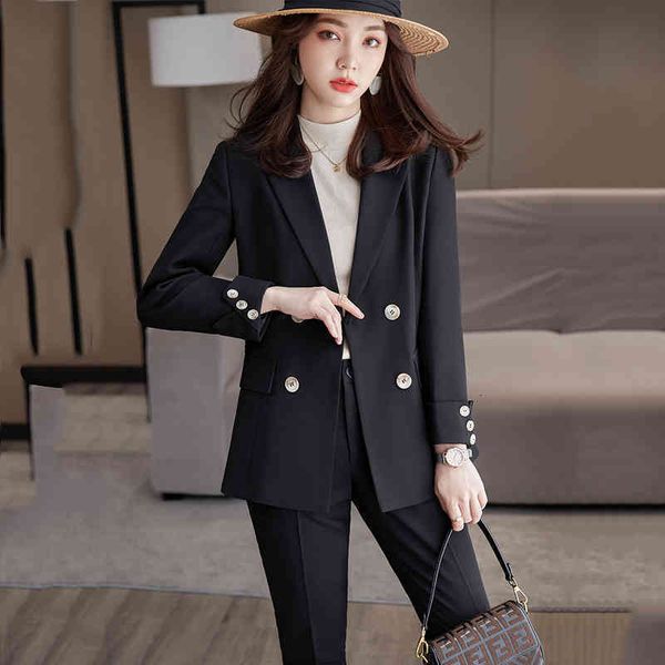 

women's two piece pants korean design women fashion pant suit 2 set casual blue black double breasted blazer coat and trousers 34g1 i9, White
