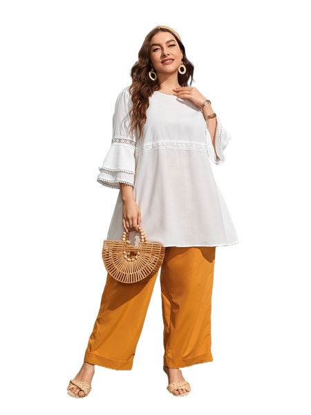 

plus 1 pc flounce sleeve contrast lace blouse p7ab#, Black