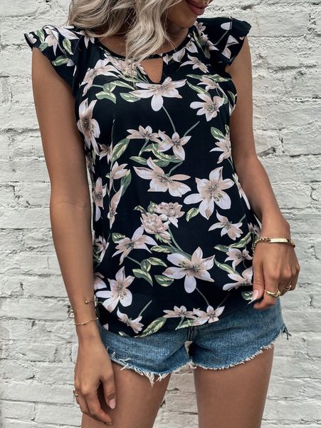 

allover floral print keyhole neckline layered trim blouse l2g6#, White