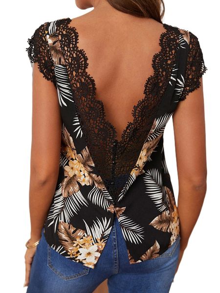 

guipure lace trim open back tropical print e3x2#, White