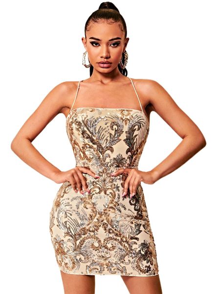 

bae baroque sequin crisscross backless bodycon dress 49k3#, Black;gray