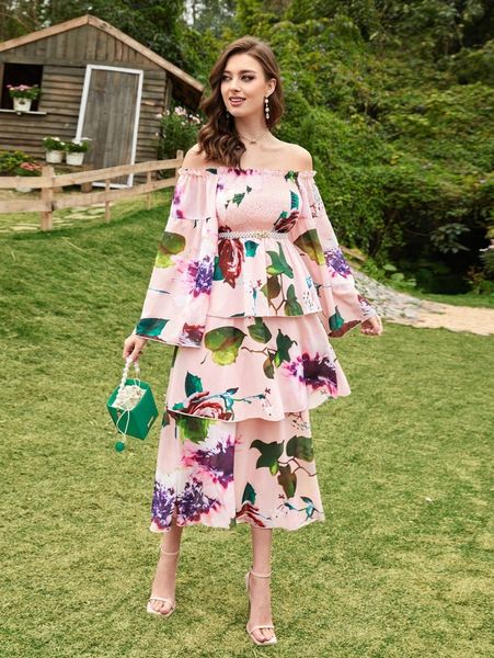 

floral print off shoulder layered hem dress without belt a7qi#, Black;gray