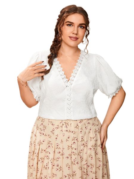 

plus contrast guipure lace trim embossing puff sleeve blouse 882k#, Black