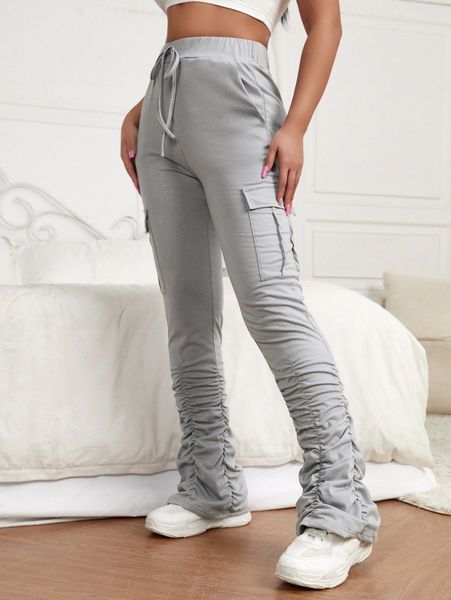 

sxy tie waist flap pocket stacked pants m5i4#, Black;white