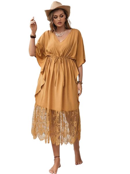 

rusttydustty plus batwing sleeve drawstring waist eyelash lace hem dress l0h7#, Black