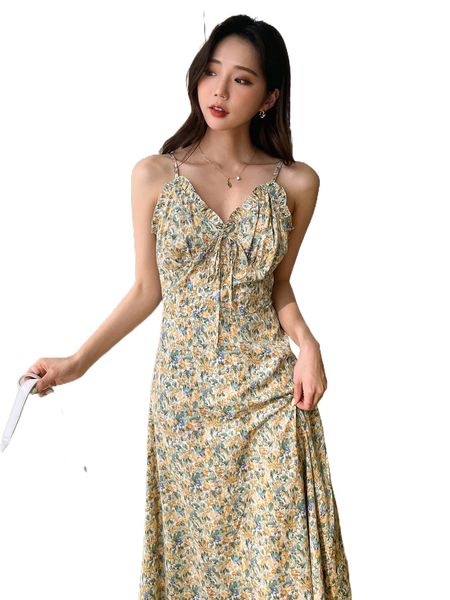 

dazy allover floral print frill trim knot front cami dress s6dt#, Black;gray