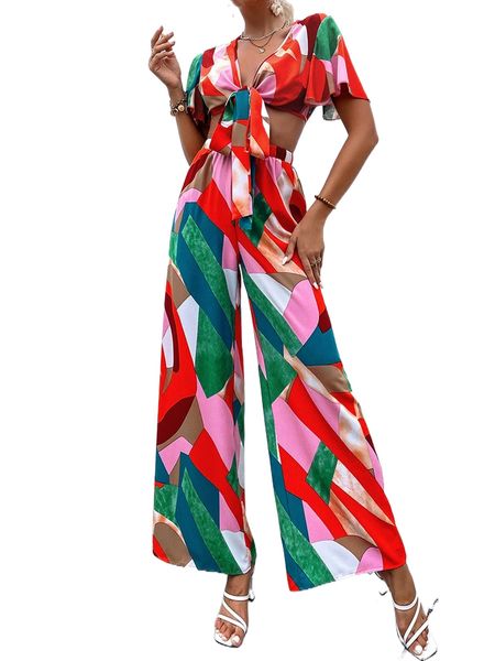 

allover print colorblock flutter sleeve tie front & wide leg pants c0ti#, White