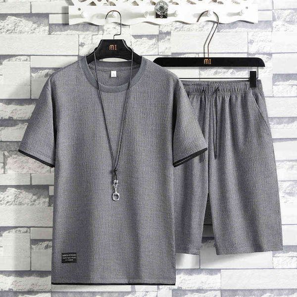 

2022 new men short sleeve t-shirt suit sportswear men's casual summer set two pieces mens tshirt long pants breathable, Gray