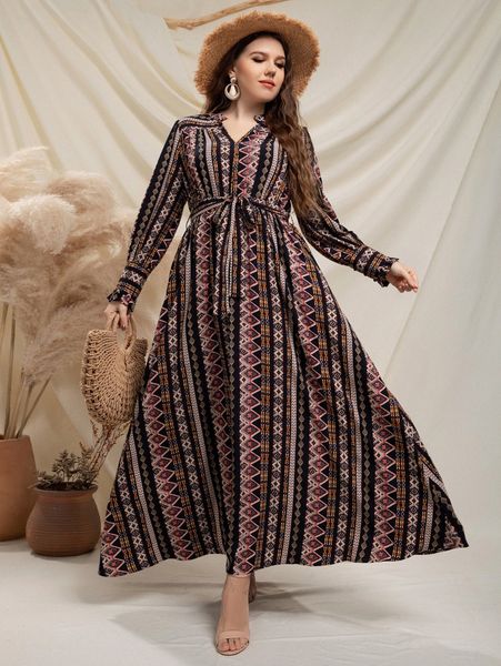 

plus argyle print notched neck puff sleeve belted dress 30fi#, Black