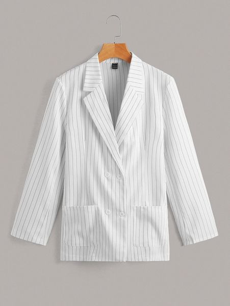 

pinstriped print double breasted patched pocket blazer v3my#, White