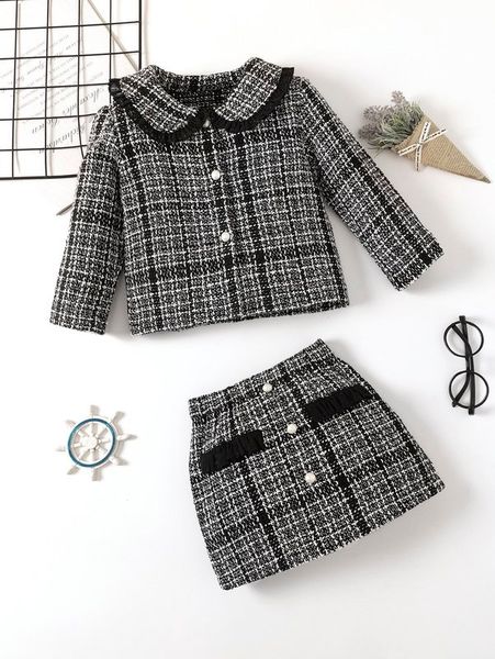 

toddler girls plaid frill trim tweed jacket & skirt she, White