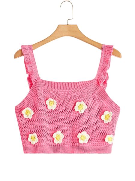 

plus crochet floral frill trim cami knit f5lx#, Black
