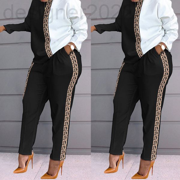 

two piece dress designer spring and autumn new women's fashion color contrast printing long sleeve loose casual suit om9920, White