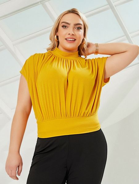 

plus ruched mock neck batwing sleeve tee r2kc#, Black