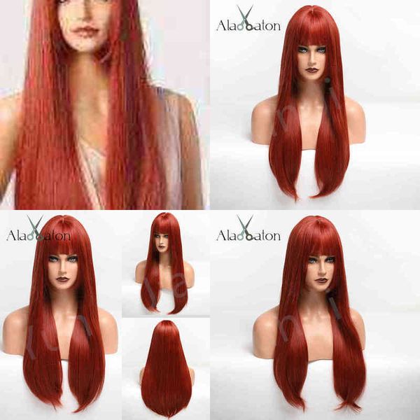 

style wig female breathable full head set red orange long straight hair 220527, Black