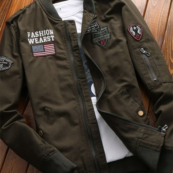 

bomber jacket men fashion casual windbreaker jacket coat men spring and autumn outwear stand slim military embroidery 220804, Black;brown