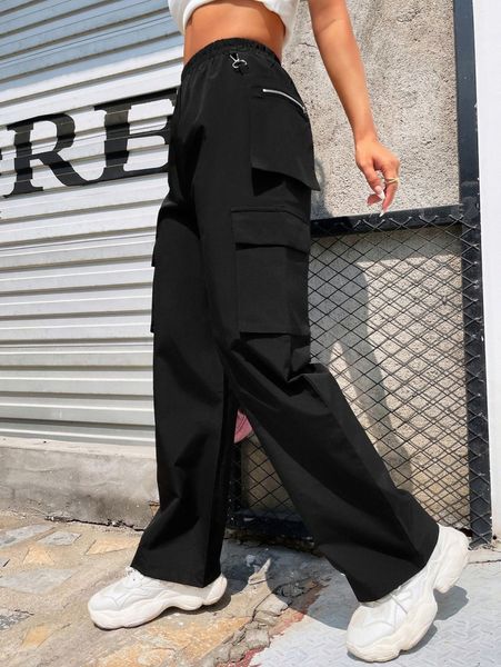 

flap pockets zipper detail cargo pants v367#, Black;white