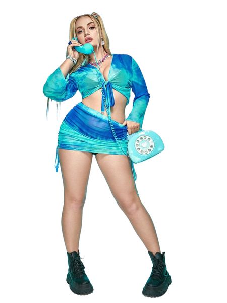 

plus tie dye tie front mesh & drawstring side skirt y4ew#, Black