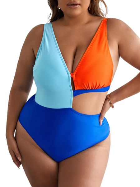 

plus colorblock cut out tie back one piece swimsuit g2hu#, White;black