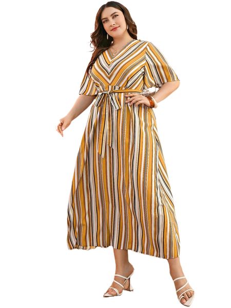 

plus vertical striped butterfly sleeve belted dress 59y5#, Black