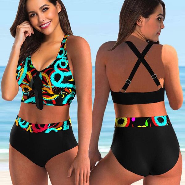 

women's swimwear women printed high waist two pieces bikini set swimsuit female plus size beachwear bather bathing suit 5xlwomen's, White;black