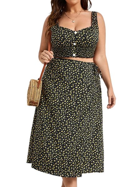 

plus ditsy floral print shirred tank & knot side wrap skirt z7sq#, Black