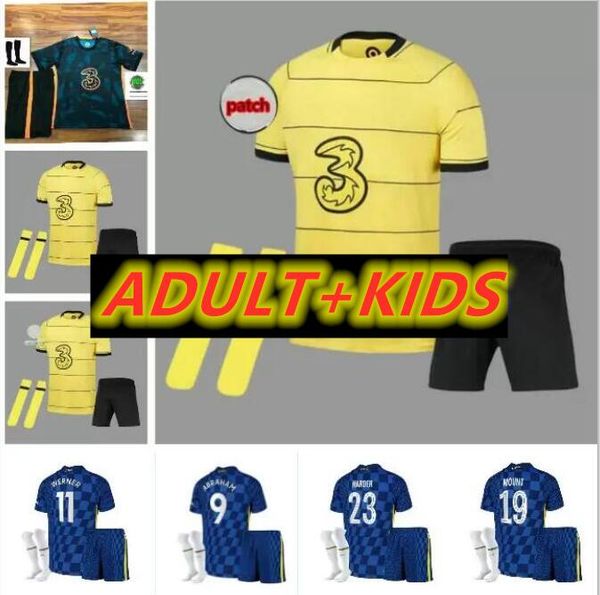 

kids kit + socks 20 21 22 pulisic ziyech soccer jersey 2021 2022 havertz kante werner abraham chilwell mount jorginho giroud football shirt, Black;yellow