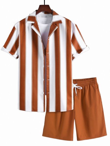 

men random color block striped shirt & shorts without tee n0dv#, Gray