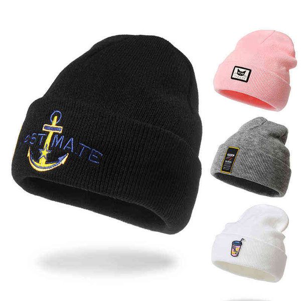 

beanie black cartoon embroidery hat net red fashion simple cute men and women casual warm wool hip hop style 220707, Blue;gray