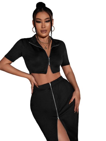 

zip up crop & skirt 92cm#, White