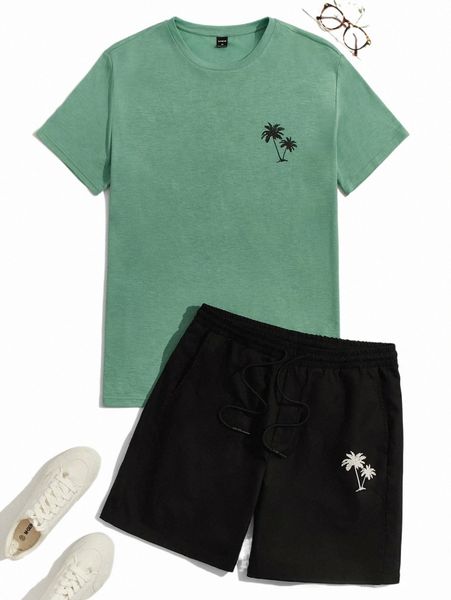 

men coconut tree print tee & drawstring waist track shorts t0tk#, Gray
