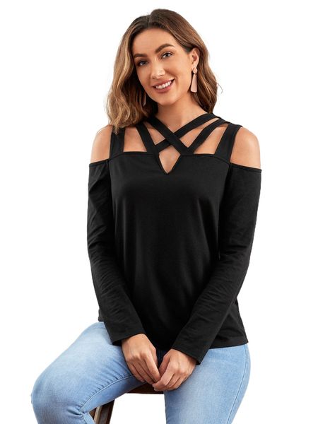 

emery rose solid criss cross cold shoulder tee s2ou#, White