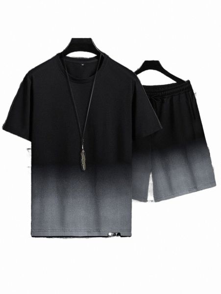 

men ombre letter graphic tee & drawstring waist shorts 45uf#, Gray