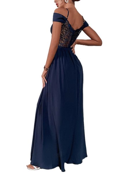 

s.plit t.high c.ontrast l.ace c.old s.houlder d.ress s1tc#, Black;gray